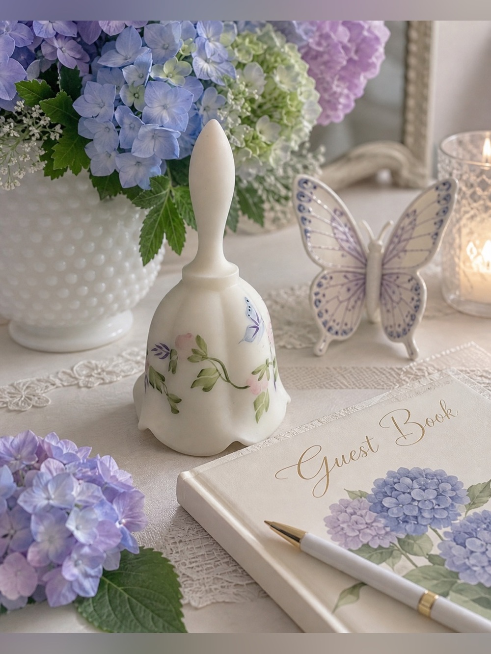 Fenton “Flowers & Butterfly” Satin Glass Bell – Signed | #2314